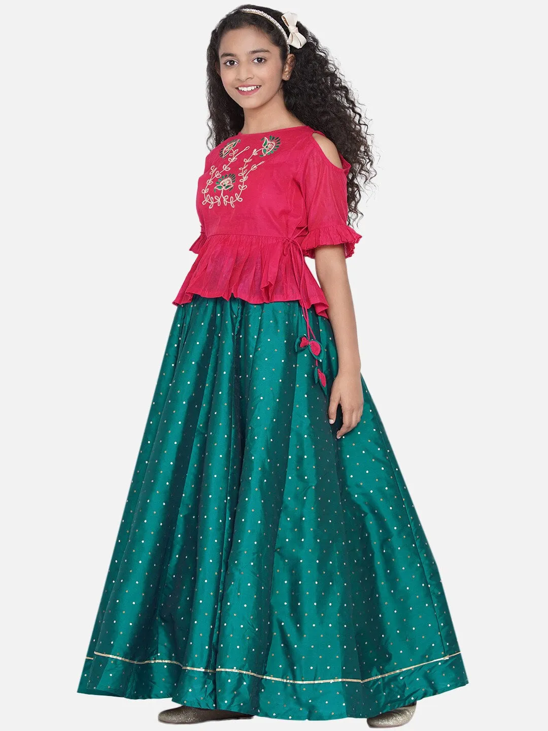 Girls Pink & Green Embroidered Ready To Wear Lehenga Choli
