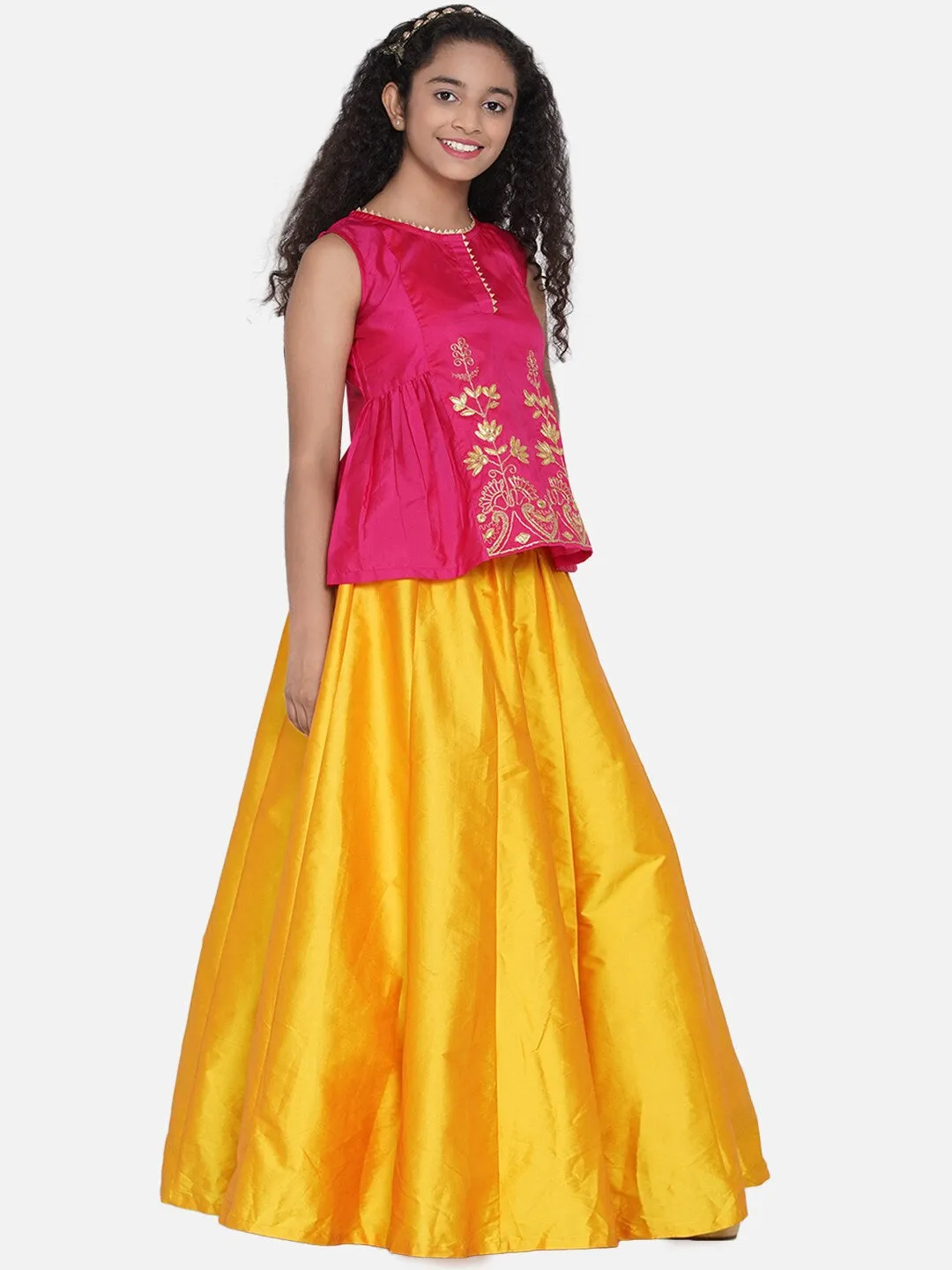 Girls Pink & Magenta Pink Embroidered Ready To Wear Lehenga Choli