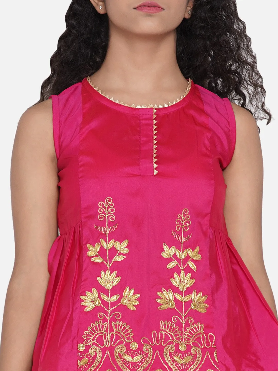 Girls Pink & Magenta Pink Embroidered Ready To Wear Lehenga Choli