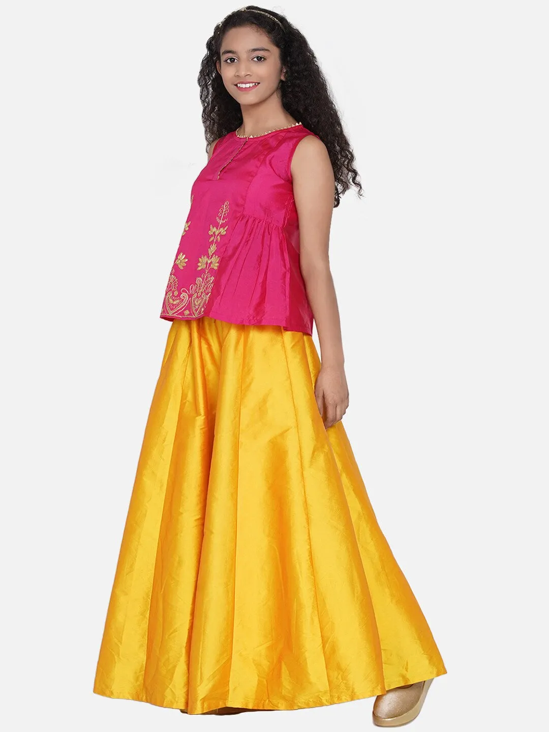 Girls Pink & Magenta Pink Embroidered Ready To Wear Lehenga Choli