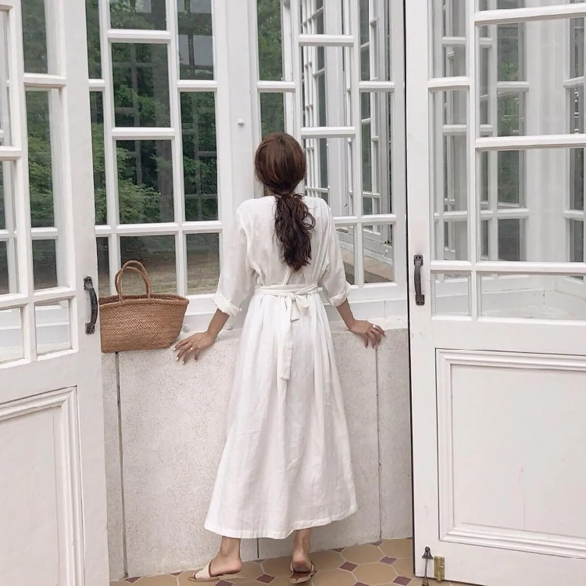 GK-O Linen Cotton Dress V-Neck Long Belt Button Loose Casual White Black Fairy Beach