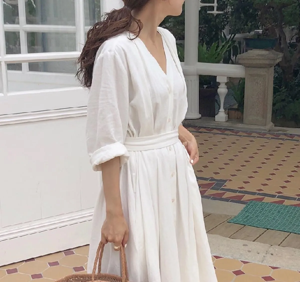 GK-O Linen Cotton Dress V-Neck Long Belt Button Loose Casual White Black Fairy Beach