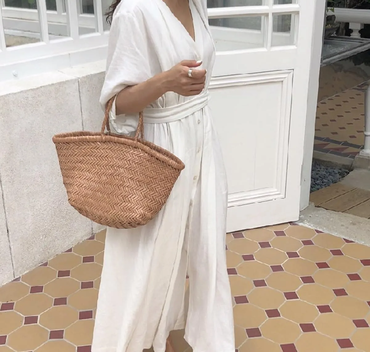 GK-O Linen Cotton Dress V-Neck Long Belt Button Loose Casual White Black Fairy Beach