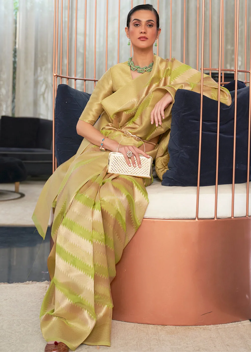 Green & Golden Woven Organza Silk Saree