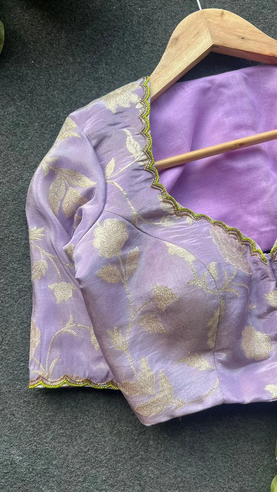 Green jute saree with lavender hand work blouse