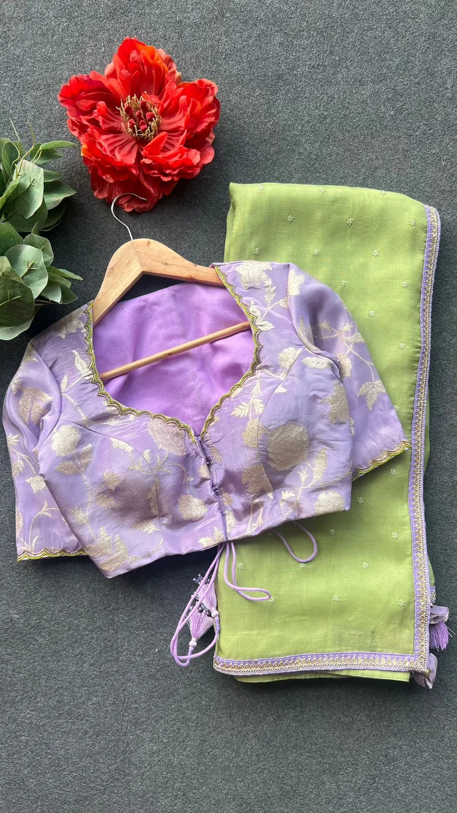 Green jute saree with lavender hand work blouse