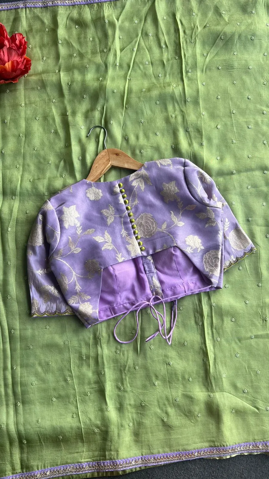 Green jute saree with lavender hand work blouse