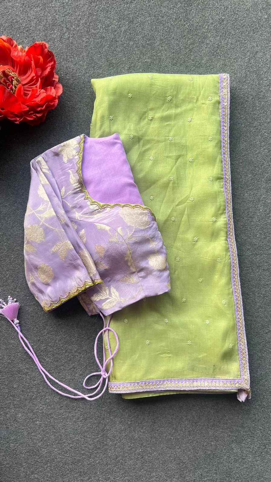 Green jute saree with lavender hand work blouse