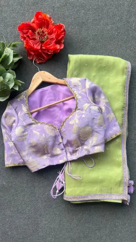 Green jute saree with lavender hand work blouse