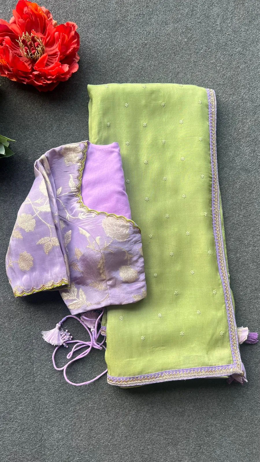 Green jute saree with lavender hand work blouse