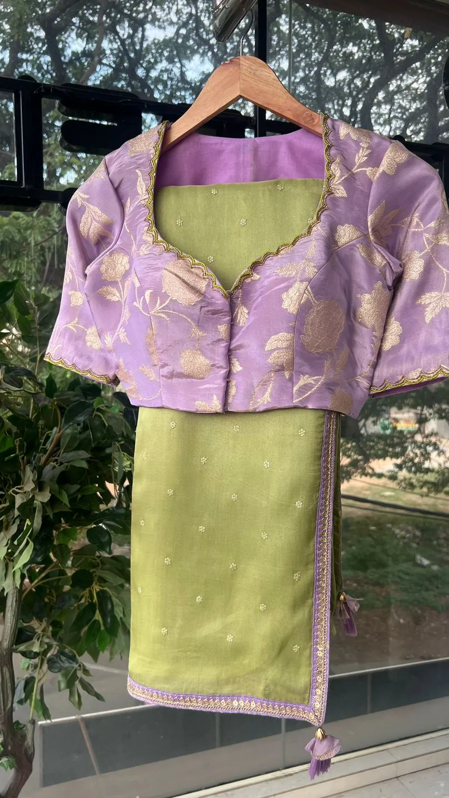 Green jute saree with lavender hand work blouse