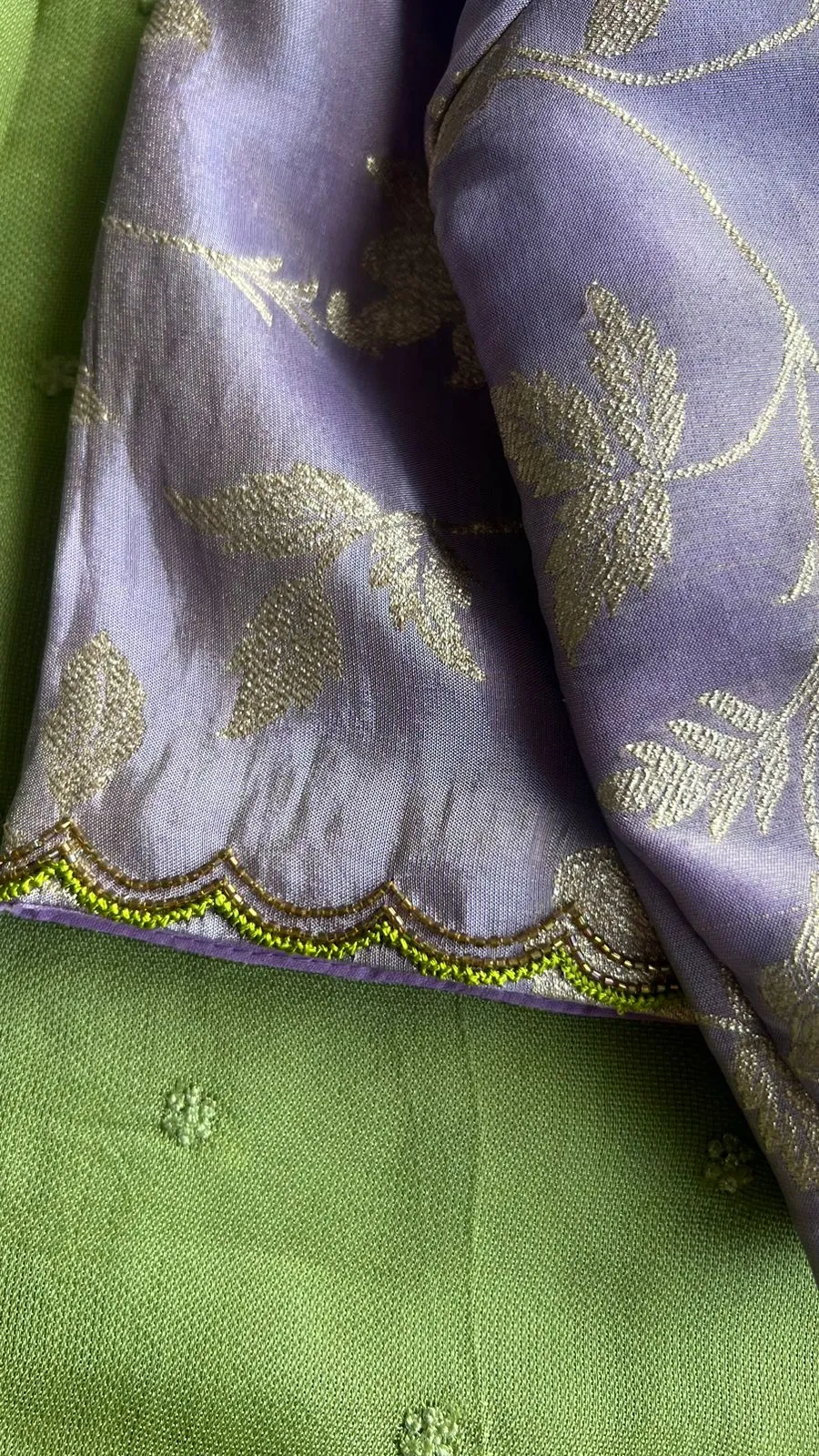 Green jute saree with lavender hand work blouse