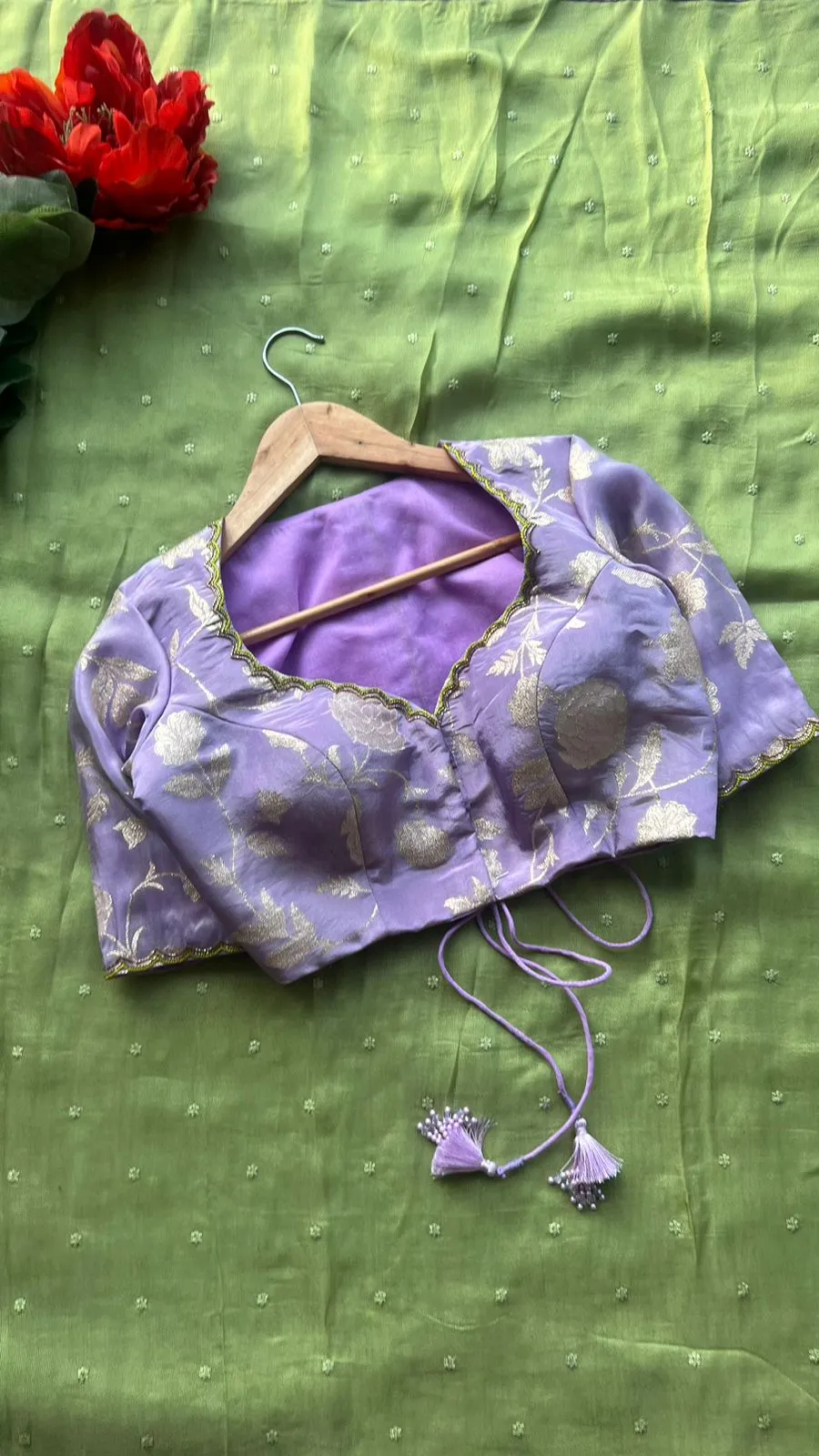 Green jute saree with lavender hand work blouse