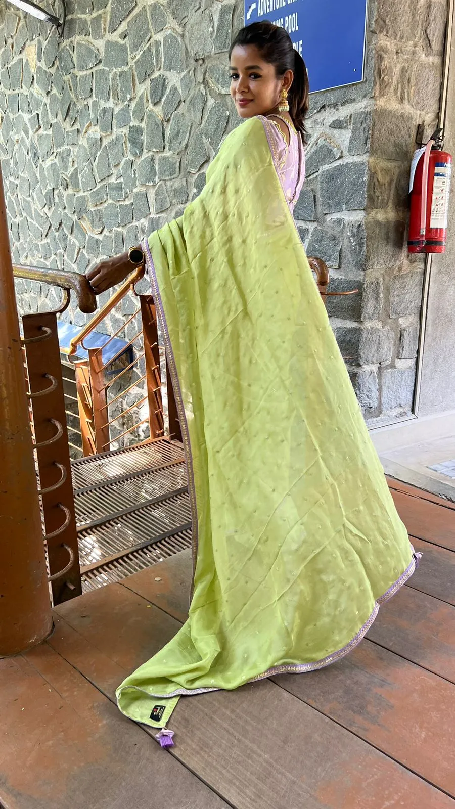 Green jute saree with lavender hand worked blouse