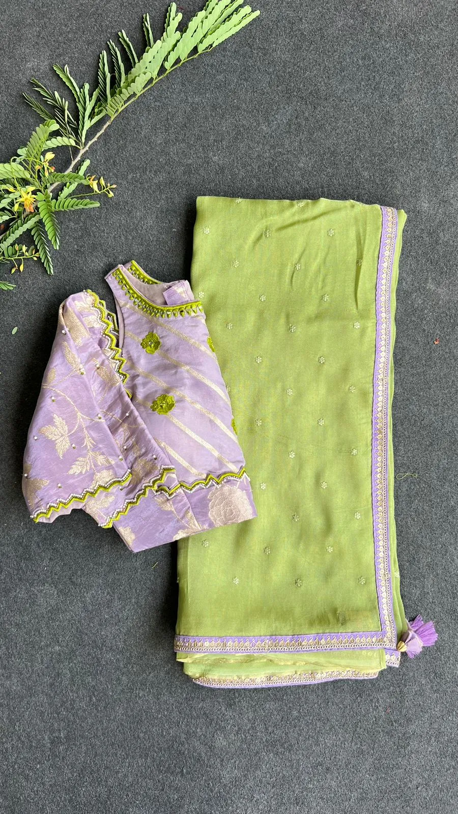 Green jute saree with lavender hand worked blouse