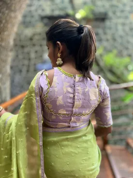 Green jute saree with lavender hand worked blouse