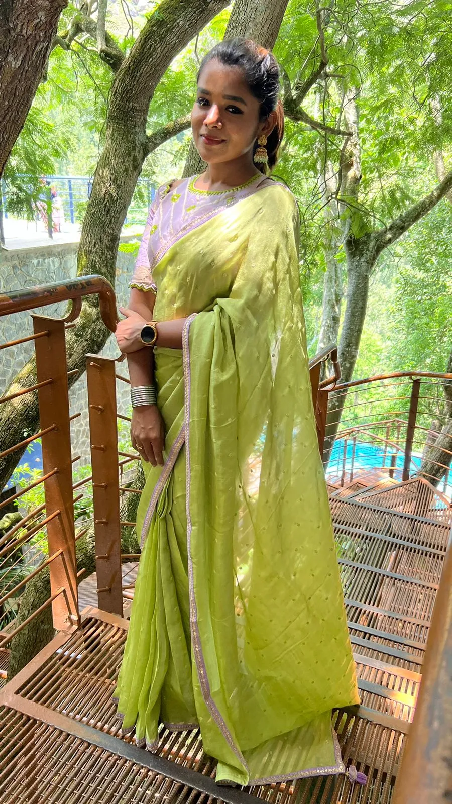 Green jute saree with lavender hand worked blouse