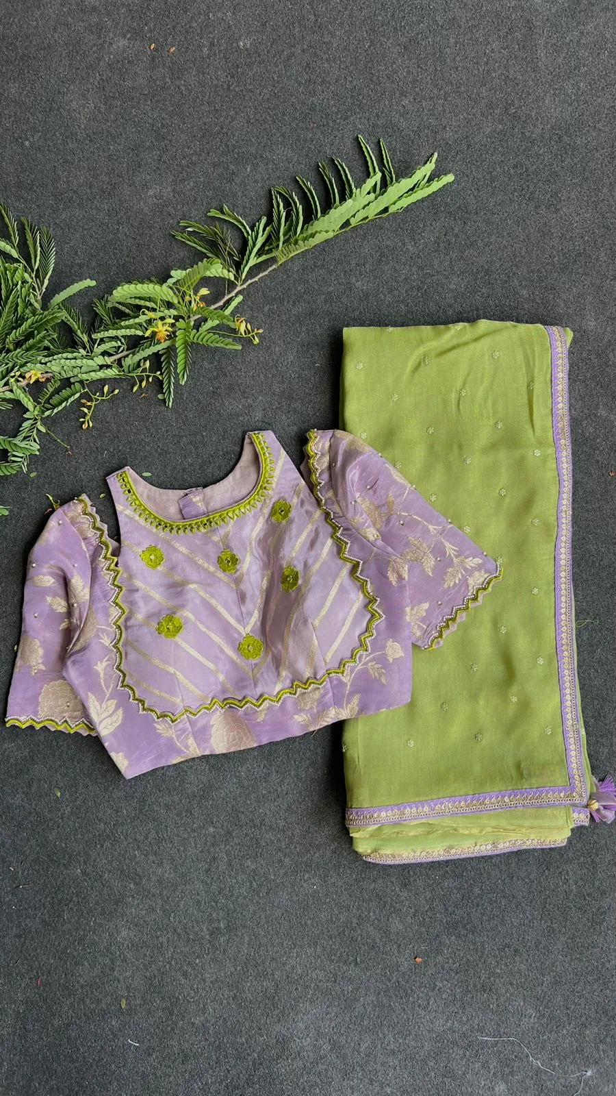 Green jute saree with lavender hand worked blouse