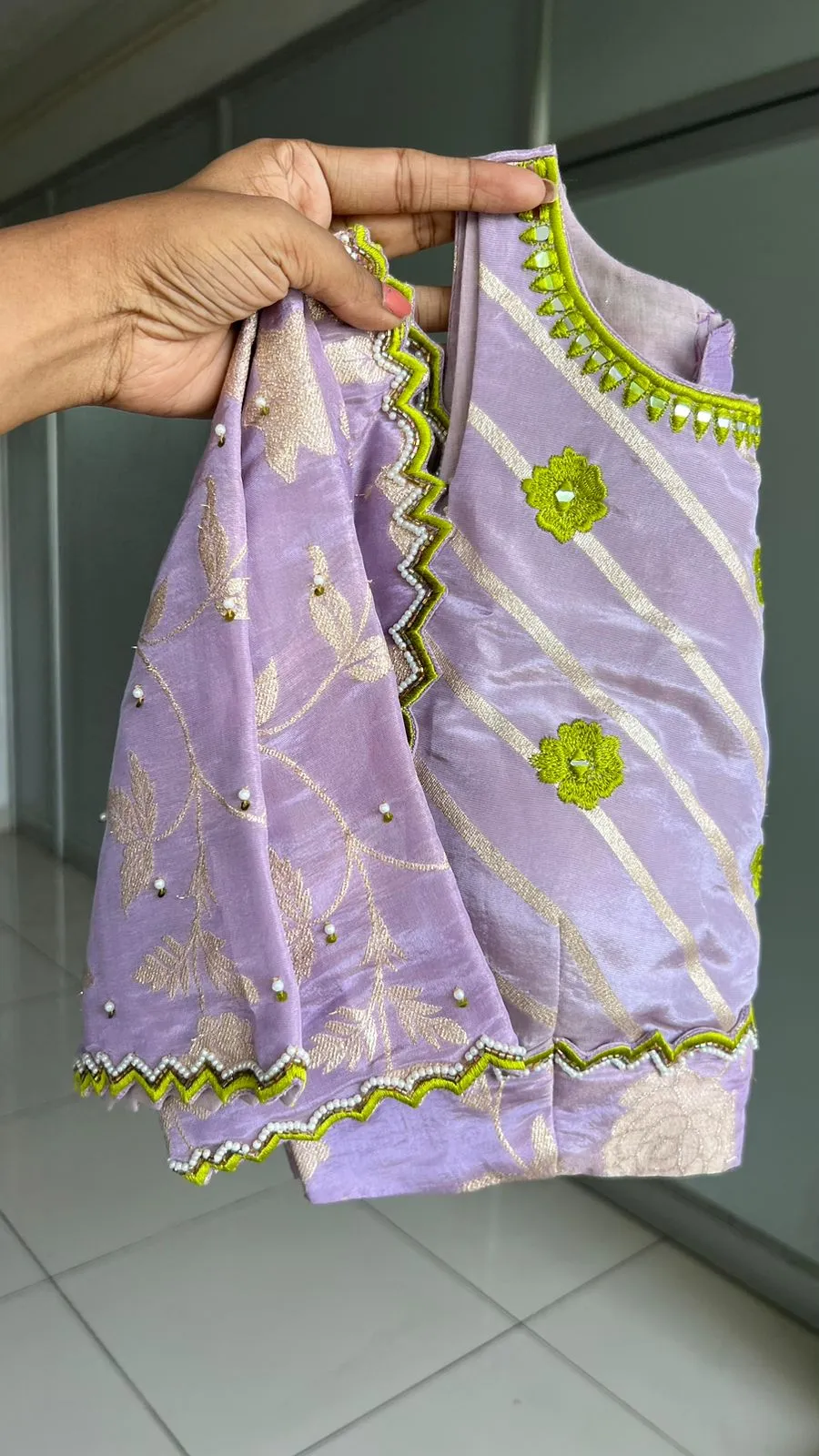 Green jute saree with lavender hand worked blouse