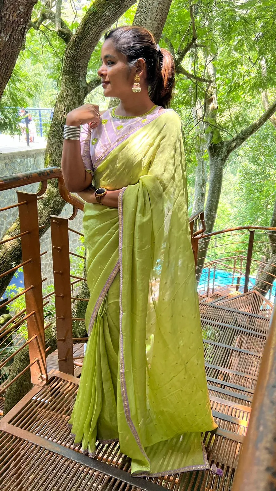 Green jute saree with lavender hand worked blouse