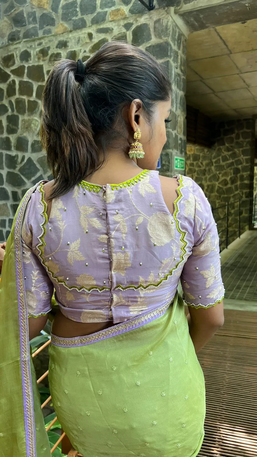 Green jute saree with lavender hand worked blouse