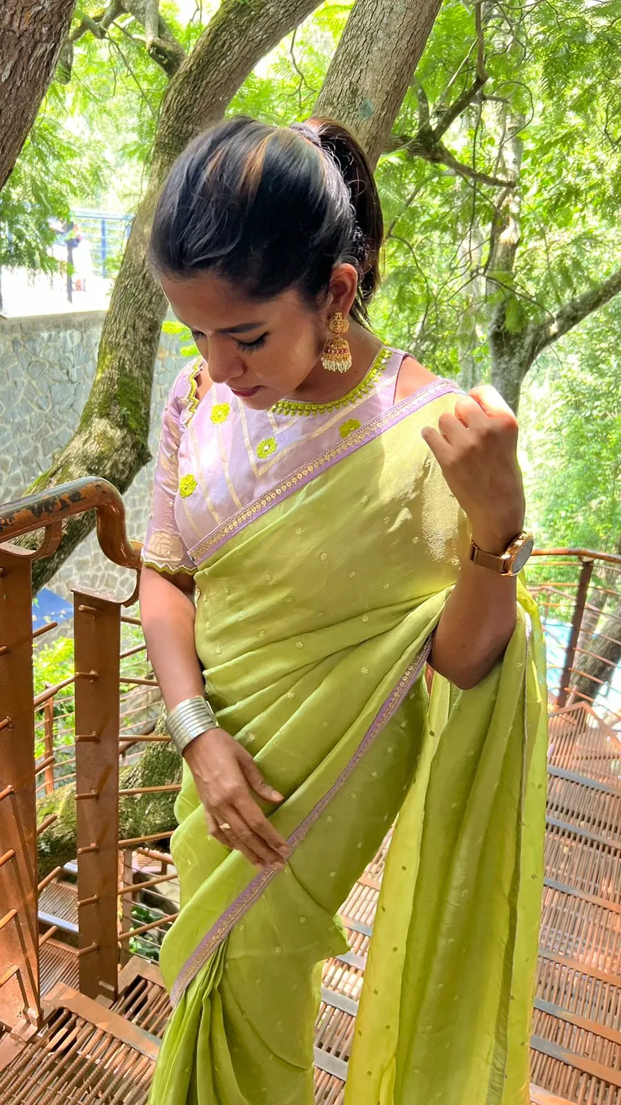 Green jute saree with lavender hand worked blouse