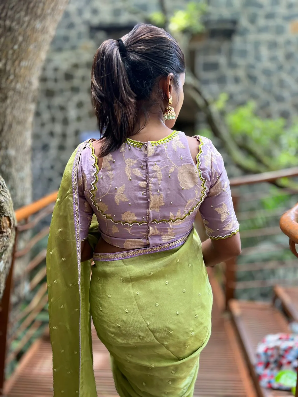 Green jute saree with lavender hand worked blouse