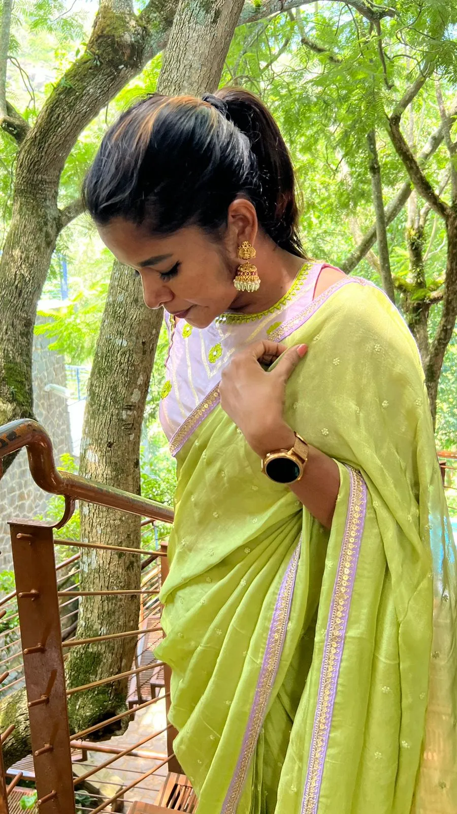 Green jute saree with lavender hand worked blouse