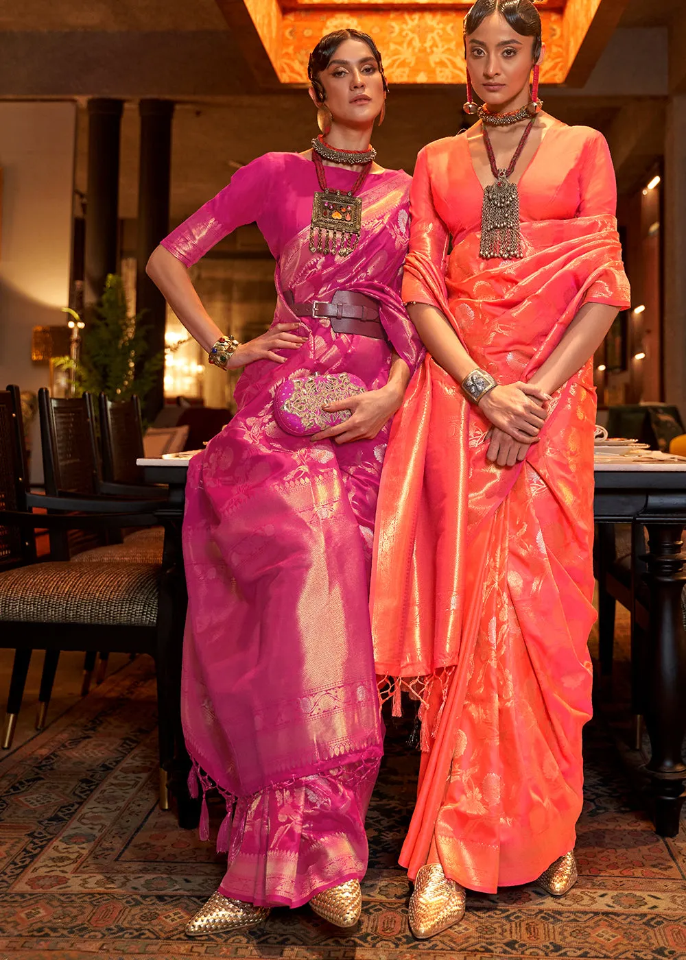 Hot Pink Woven Banarasi Silk Saree with Tassels on Pallu