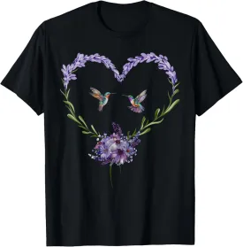 Hummingbird Lavender Flower Heart Botanical Nature Lover T-Shirt