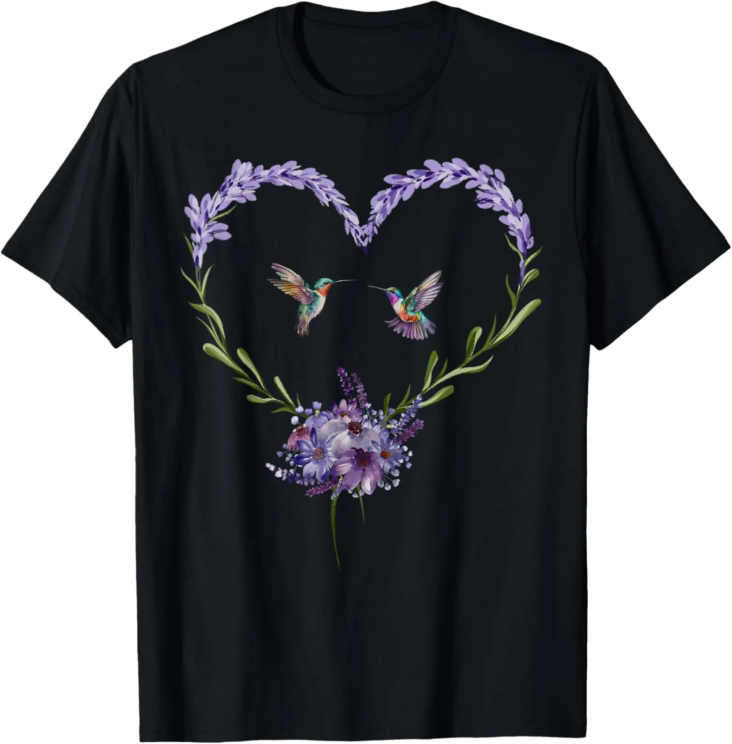 Hummingbird Lavender Flower Heart Botanical Nature Lover T-Shirt