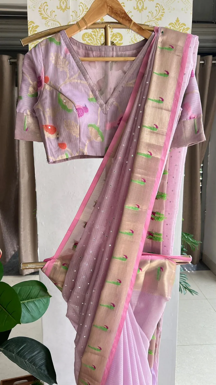 Lavender kota mirror embroidery saree with blouse
