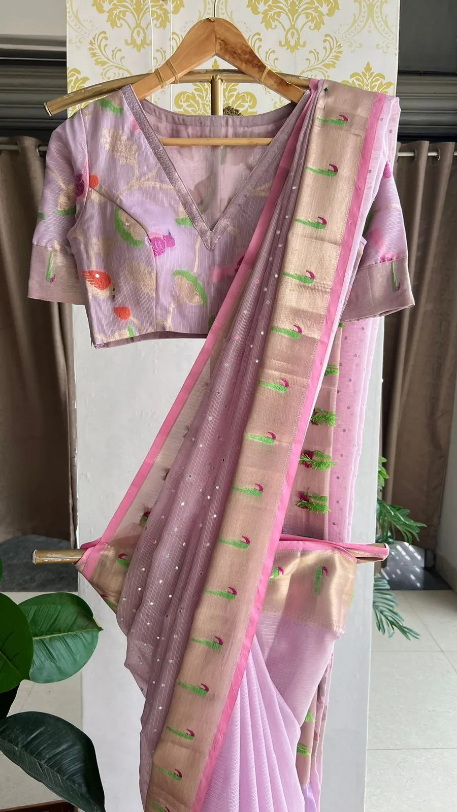 Lavender kota mirror embroidery saree with blouse