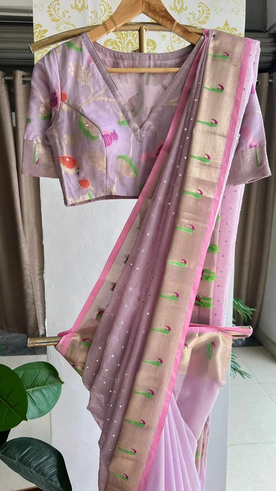 Lavender kota mirror embroidery saree with blouse