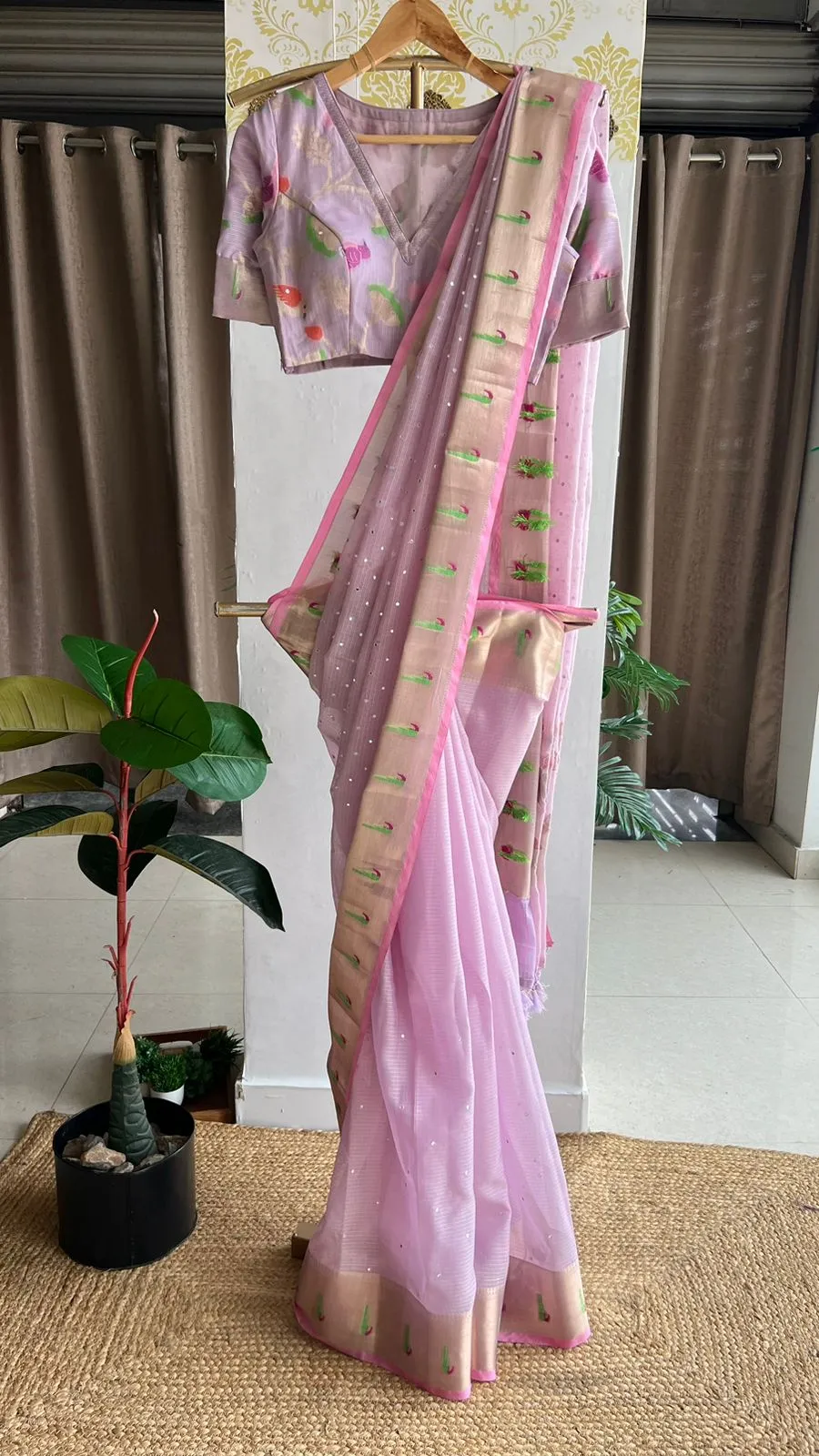Lavender kota mirror embroidery saree with blouse