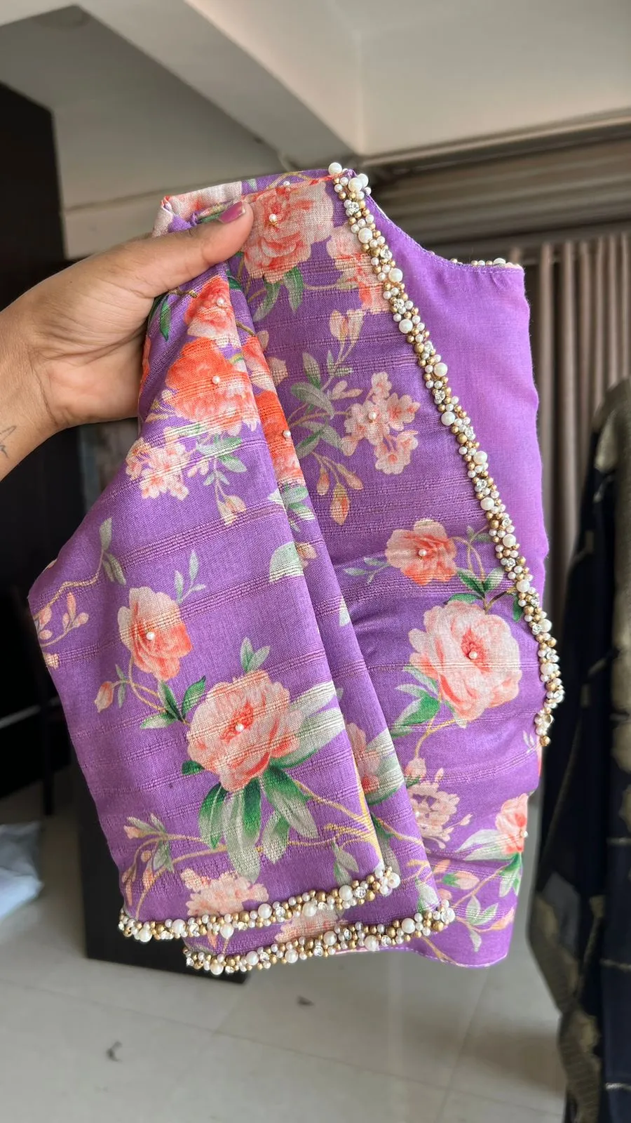 Lavender organza saree with pearl hand work blouse