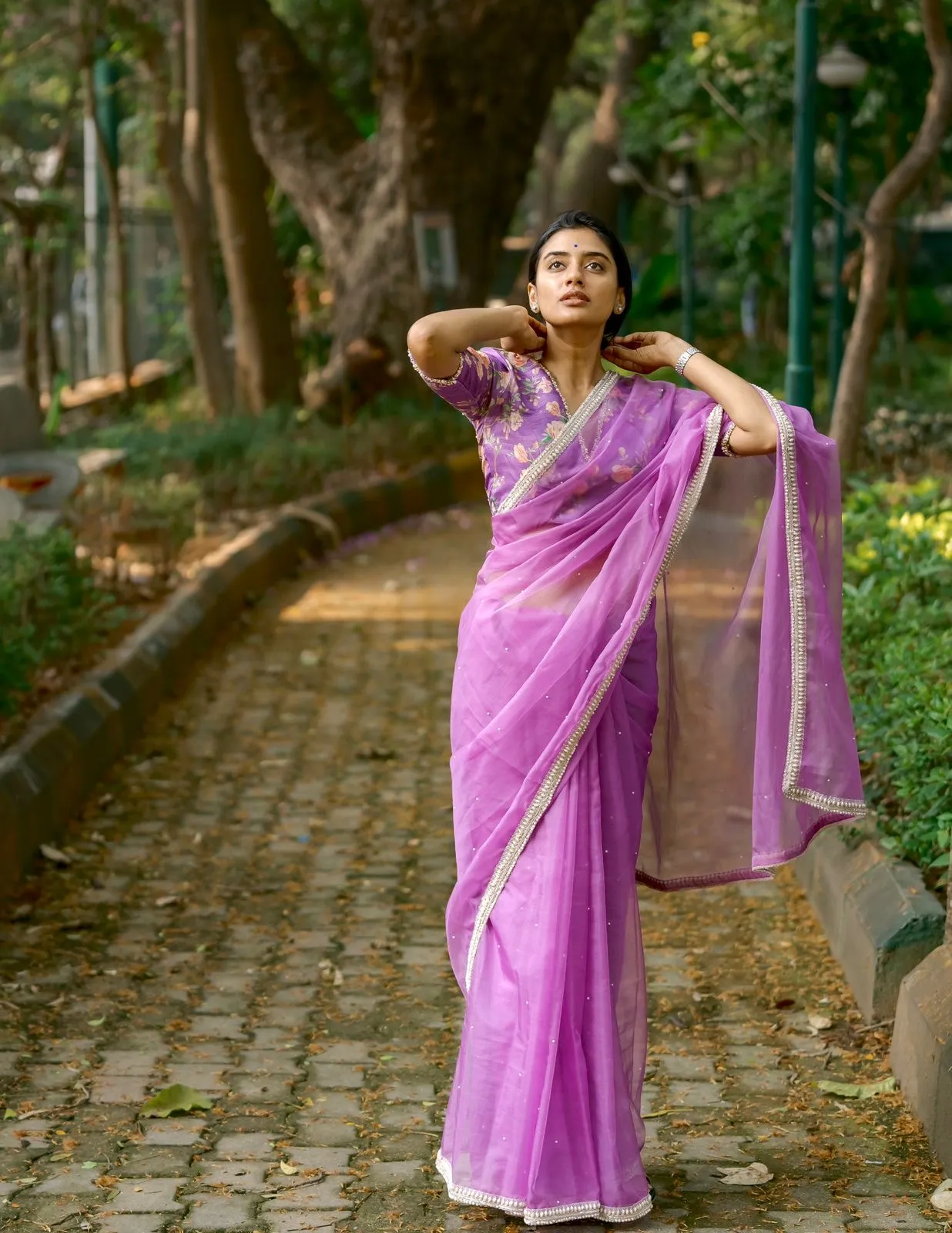 Lavender organza saree with pearl hand work blouse