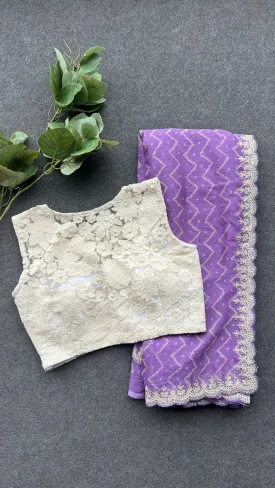 Lavender Purple chiffon saree with embroidery hand work blouse