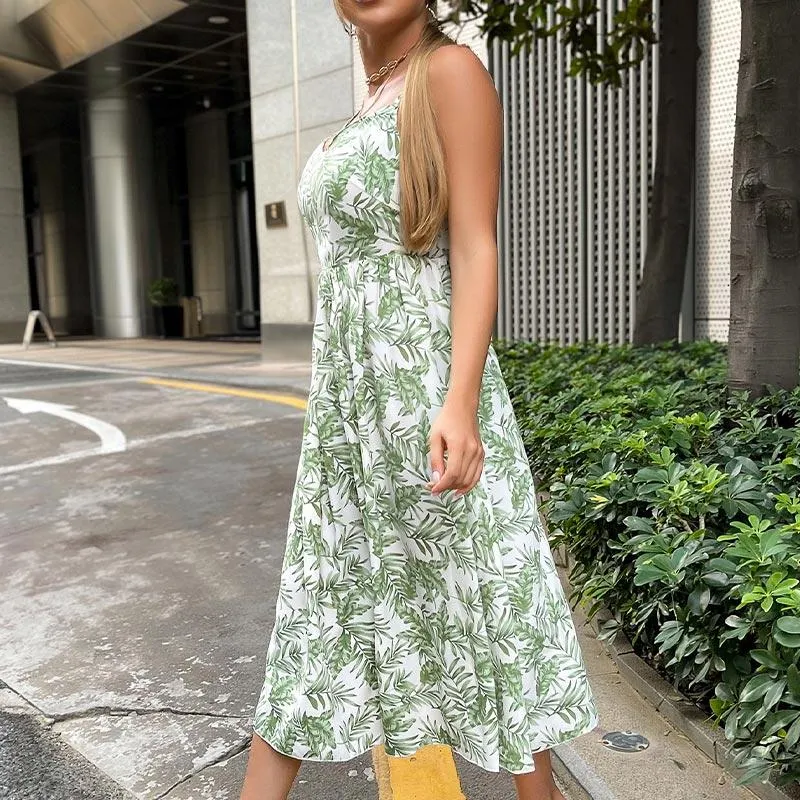 Leaf Print Spaghetti Strap Long Dress