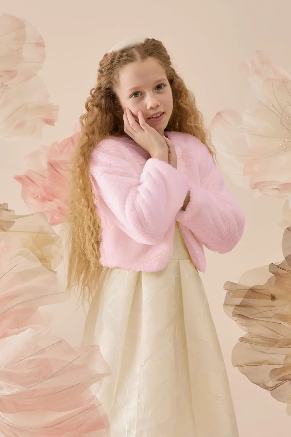 Lilax Girls Cozy Faux Fur Bolero Shrug Long Sleeve Crew Neck Dress Coat