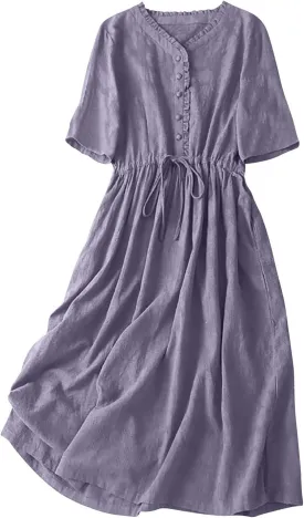 Linen Dresses for Women Summer Long Maxi Dress Short Sleeve Button Down Tshirt Sundresses Boho Beach Outfits