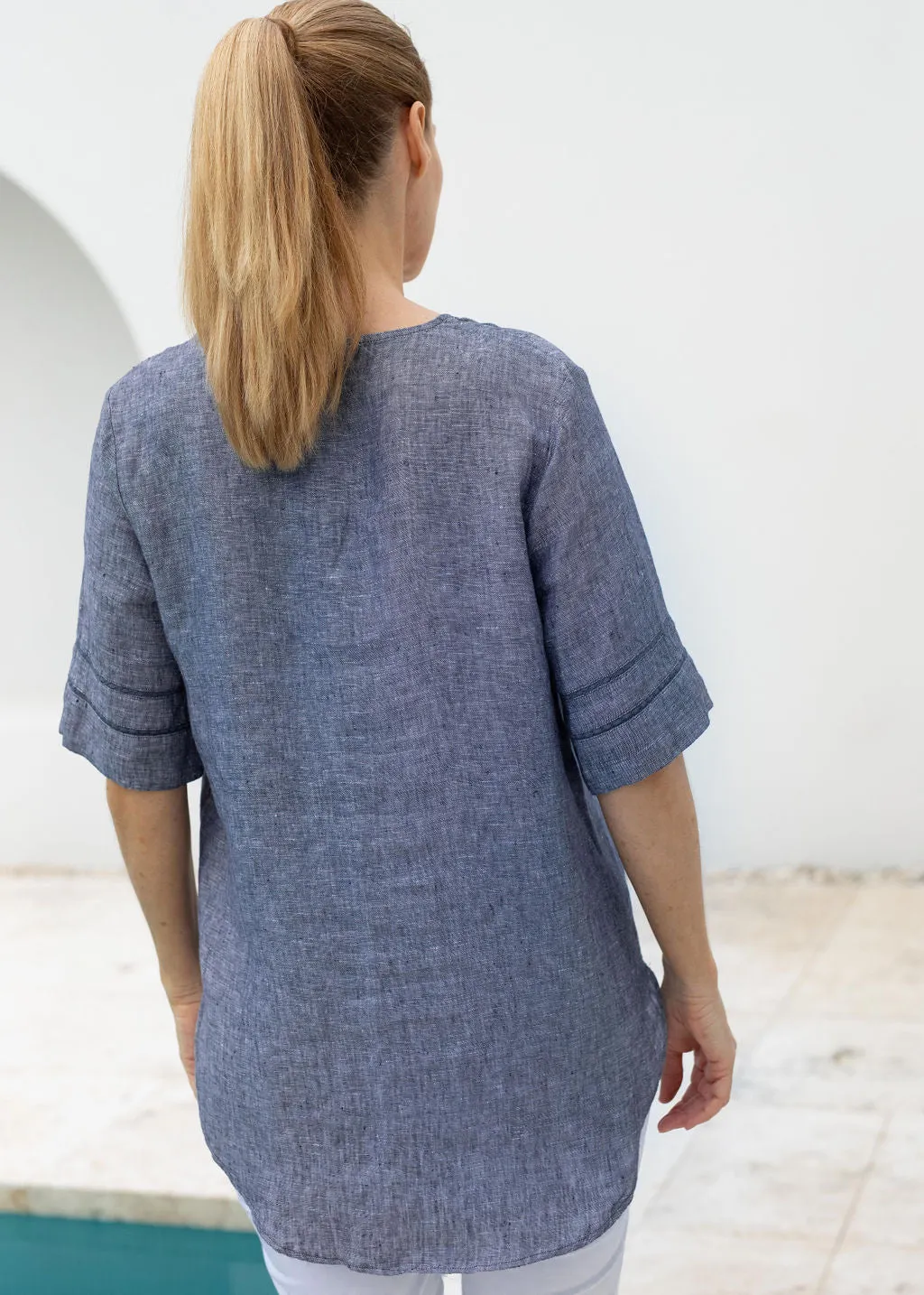 Linen Lace Trim Insert Top Navy