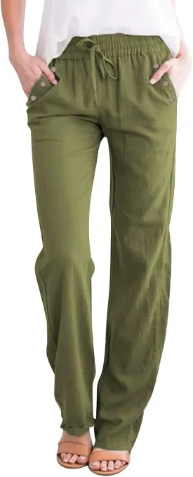 Linen Pants Women Straight Leg Lightweight Elastic Waist Pants Summer Relaxed Fit Plus Size Loose Trousers