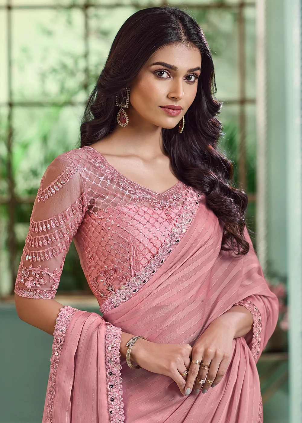 Lovely Dusty Pink Georgette Embroidered Wedding Party Wear Saree