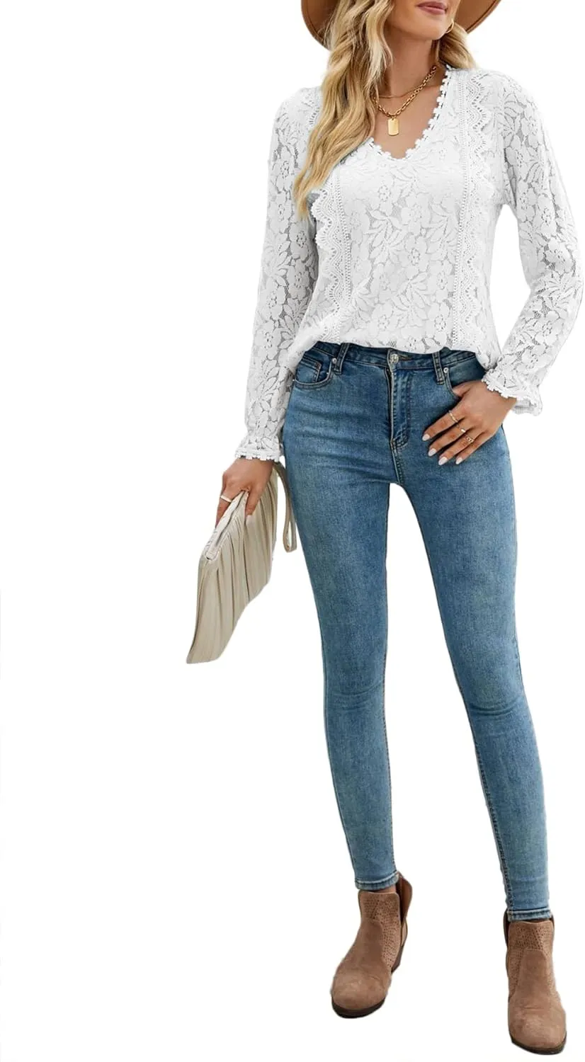 LYANER Women's Elegant Lace V Neck Lined Long Sleeve Tunic Blouse Shirt Top