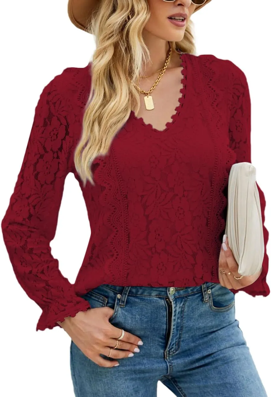 LYANER Women's Elegant Lace V Neck Lined Long Sleeve Tunic Blouse Shirt Top