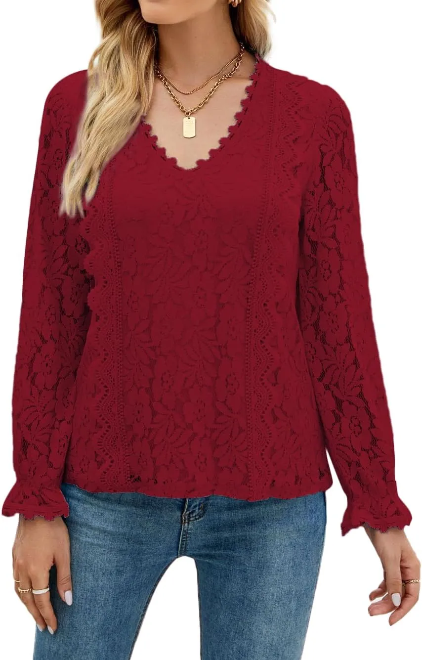 LYANER Women's Elegant Lace V Neck Lined Long Sleeve Tunic Blouse Shirt Top