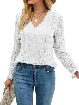 LYANER Women's Elegant Lace V Neck Lined Long Sleeve Tunic Blouse Shirt Top