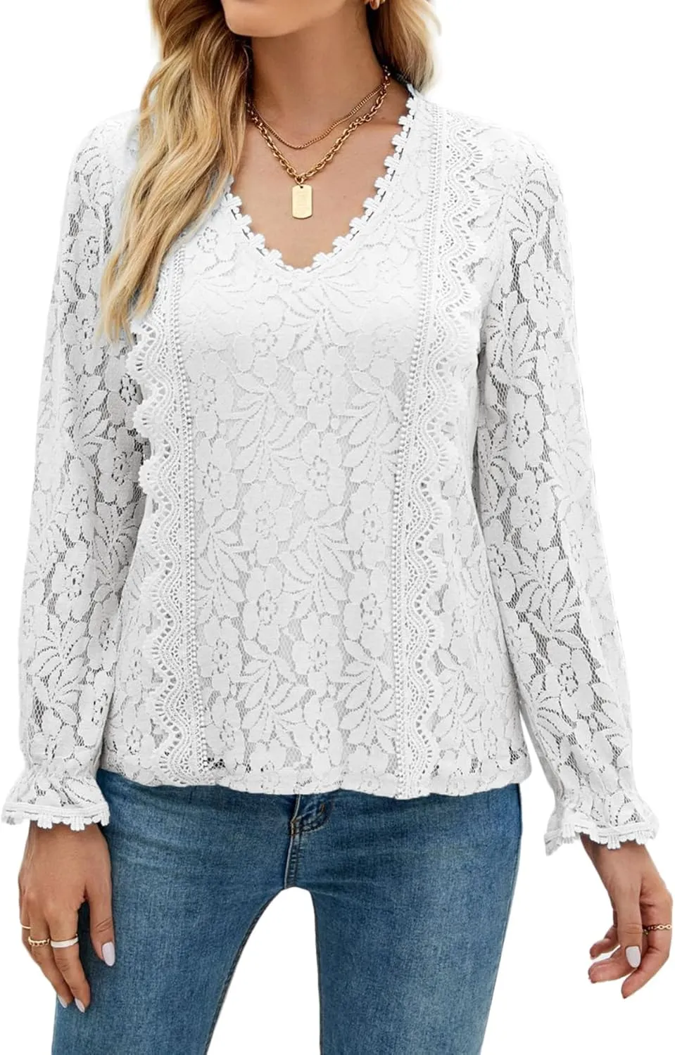LYANER Women's Elegant Lace V Neck Lined Long Sleeve Tunic Blouse Shirt Top