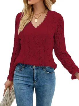 LYANER Women's Elegant Lace V Neck Lined Long Sleeve Tunic Blouse Shirt Top